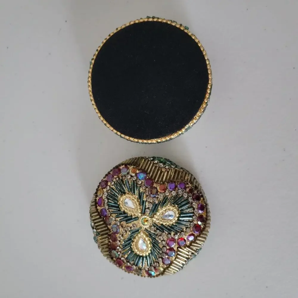 Vintage Beaded Trinket Jewelry Box Round Domed Iridescent Gold Turquoise Pink